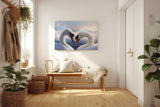 Sinus Art Wandbild 120x80cm Romantisches Schwanenmotiv mit Herzform und märchenhaftem Hintergrund