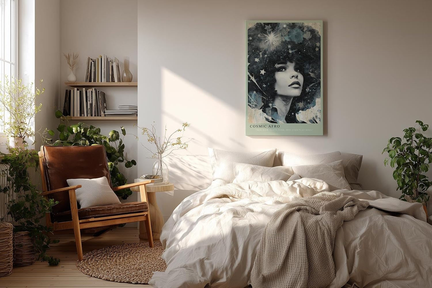 Paul Sinus Wandbild in 40x60cm Cosmic Afro stilvolles Porträt einer Frau mit Afro voller Sterne und kosmischen Elementen