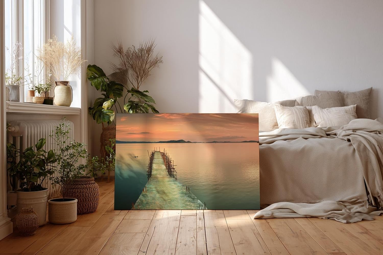 Sinus Art Wandbild 120x80cm Der verfallene Holzsteg führt ins ruhige Wasser und lädt zur inneren Einkehr ein