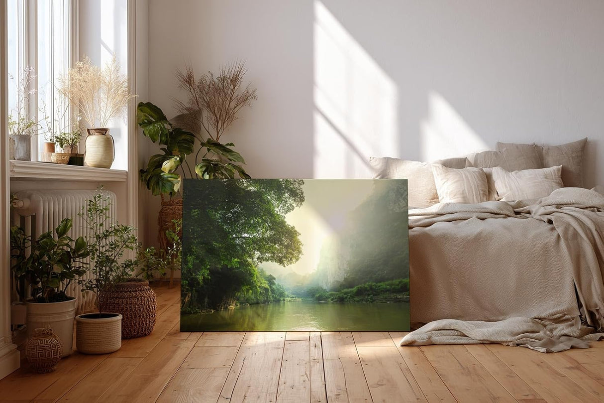 Sinus Art Wandbild 120x80cm Stimmungsvoller Flusslauf im Tal mit Sonnenaufgang und dichter Vegetation