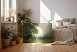 Sinus Art Wandbild 120x80cm Stimmungsvoller Flusslauf im Tal mit Sonnenaufgang und dichter Vegetation