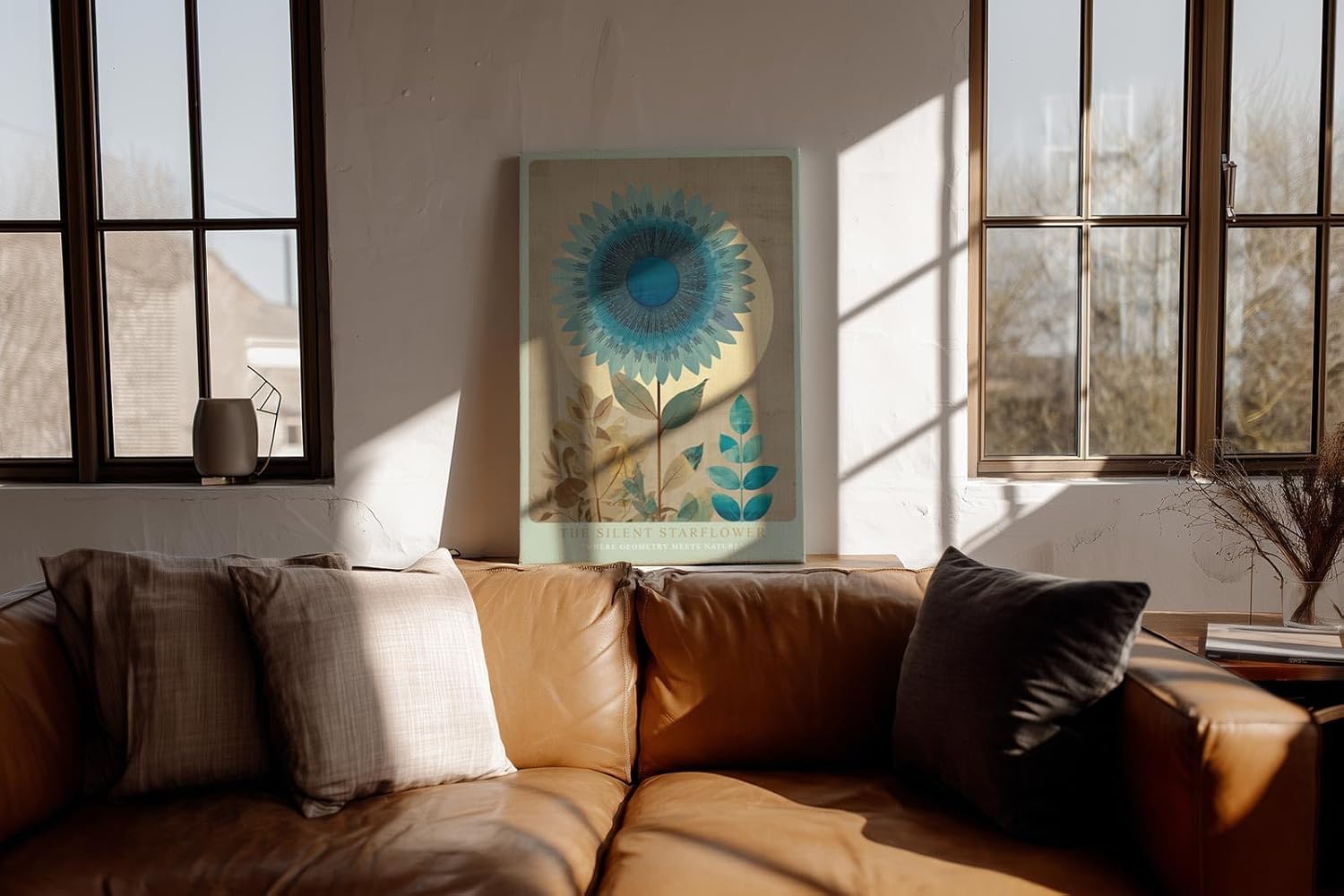 Paul Sinus Wandbild in 40x60cm The Silent Starflower stilisierte Sonnenblume in Blauund Goldtönen moderne Naturkunst auf Leinwand