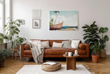 Sinus Art Wandbild 120x80cm Farbige Boote auf Sandstrand mit Palmen und tropischem Himmel im nostalgischen Stil