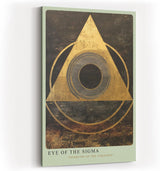 Paul Sinus Wandbild in 40x60cm Eye of the Sigma – Abstrakte geometrische Komposition mit goldenem Dreieck und zentralem Kreis auf dunkler Strukturfläche