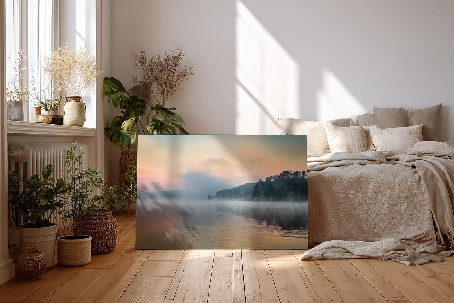 Sinus Art Wandbild 120x80cm Sanfter Nebel schwebt über dem stillen Wasser vor bewaldeter Uferlinie