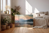 Sinus Art Wandbild 120x80cm Sanfter Nebel schwebt über dem stillen Wasser vor bewaldeter Uferlinie