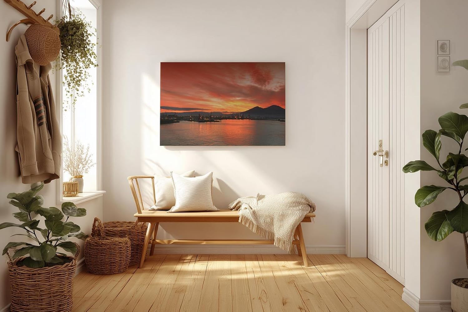 Sinus Art Wandbild 120x80cm Atmosphärisches Hafenszenario mit Silhouetten und leuchtendem Himmel über markanter Vulkanform