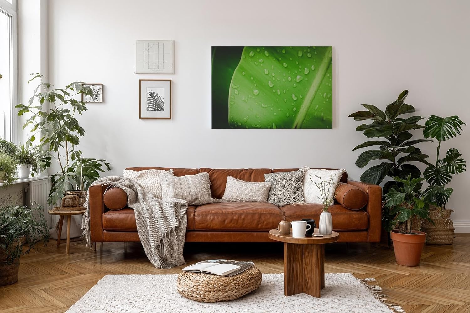 Sinus Art Wandbild 120x80cm Frisches grünes Blatt mit Wassertropfen – Symbol für Reinheit und Natur