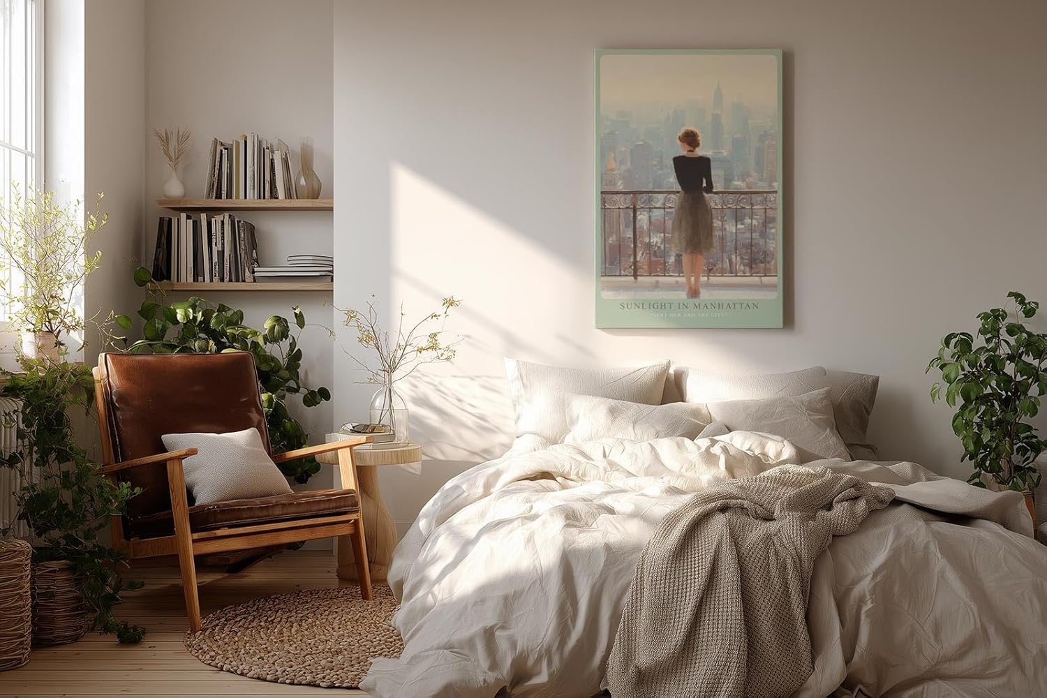 Paul Sinus Wandbild in 40x60cm Sunlight in Manhattan – Frau auf Balkon mit Blick auf Empire State Building, sonnendurchflutetes Stadtmotiv