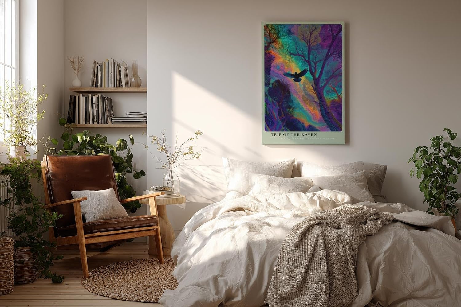 Paul Sinus Wandbild in 40x60cm Mystischer Rabe im farbintensiven Wald – surreales Kunstwerk mit leuchtenden Regenbogenfarben