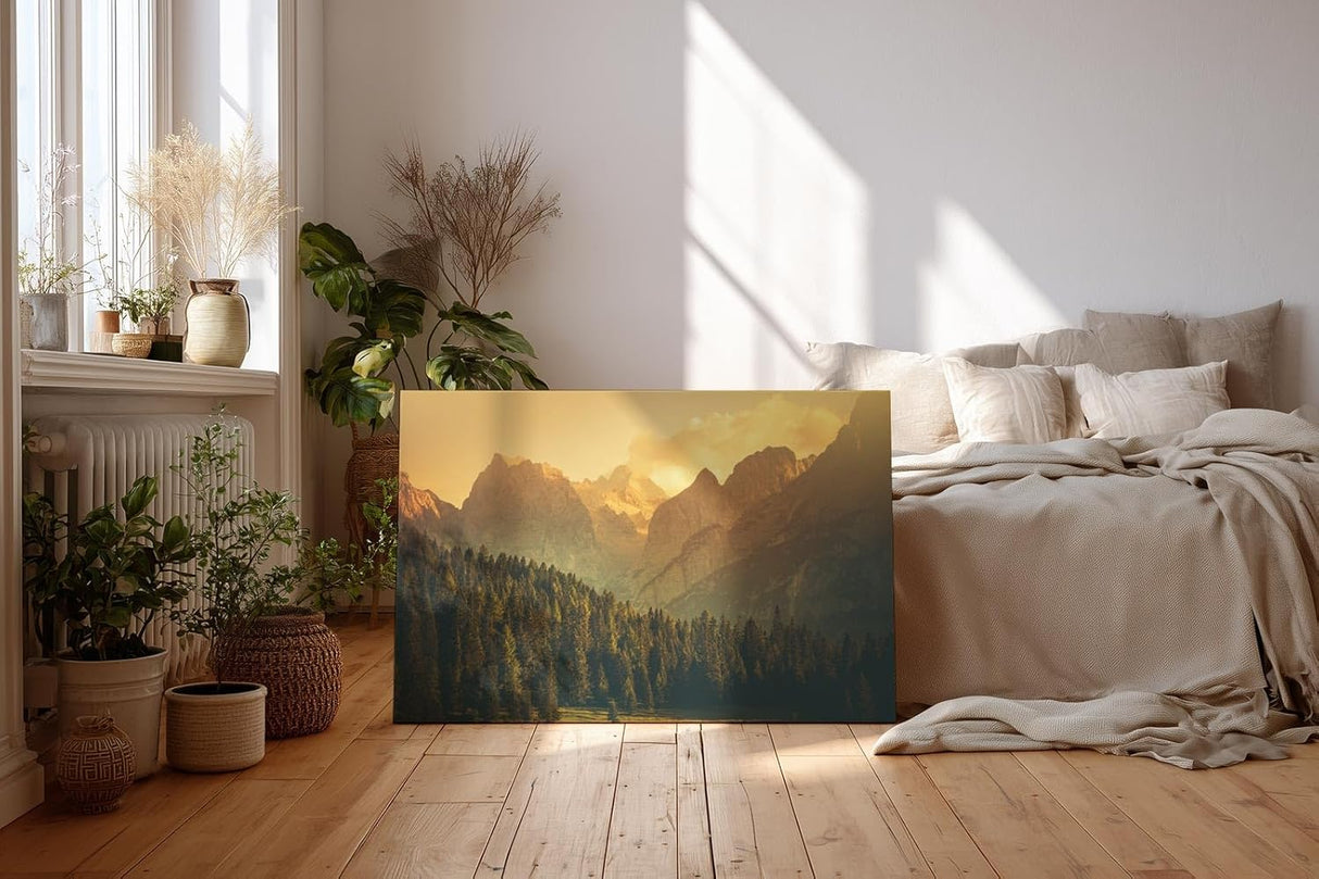 Sinus Art Wandbild 120x80cm Goldenes Abendlicht taucht die Berge und Wälder in sanfte, beruhigende Töne