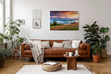 Sinus Art Wandbild 120x80cm Farbige Bergwiese mit Nebelschwaden und dramatischem Himmel für emotionale Raumwirkung