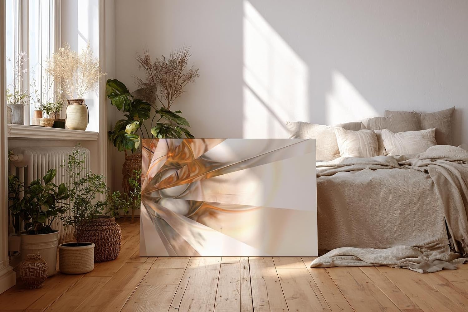 Sinus Art Wandbild 120x80cm Futuristische Lichtstrahlen in Bronze und Cremeweiß – elegant verspielt und optisch raumöffnend