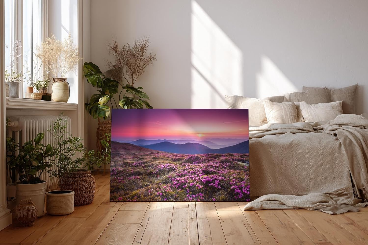 Sinus Art Wandbild 120x80cm Farbintensive Blumenwiese mit lila Blüten unter farbenfrohem Abendhimmel