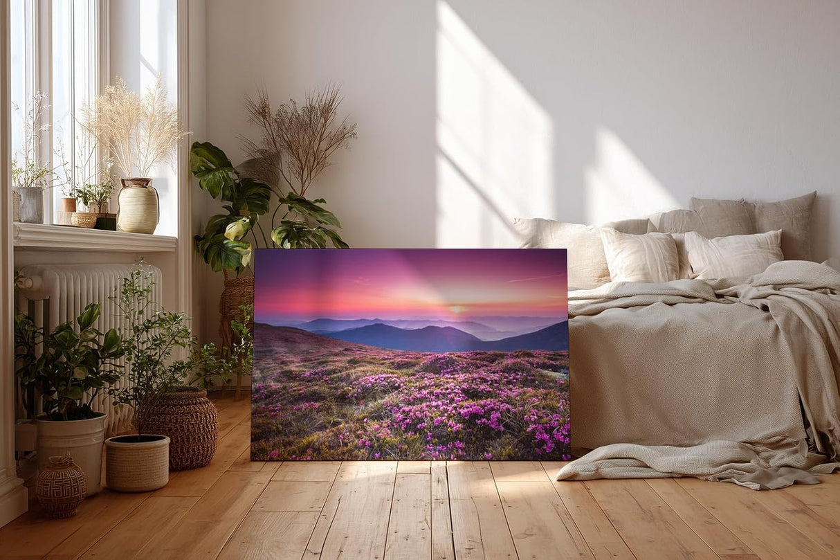 Sinus Art Wandbild 120x80cm Farbintensive Blumenwiese mit lila Blüten unter farbenfrohem Abendhimmel