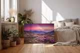 Sinus Art Wandbild 120x80cm Farbintensive Blumenwiese mit lila Blüten unter farbenfrohem Abendhimmel