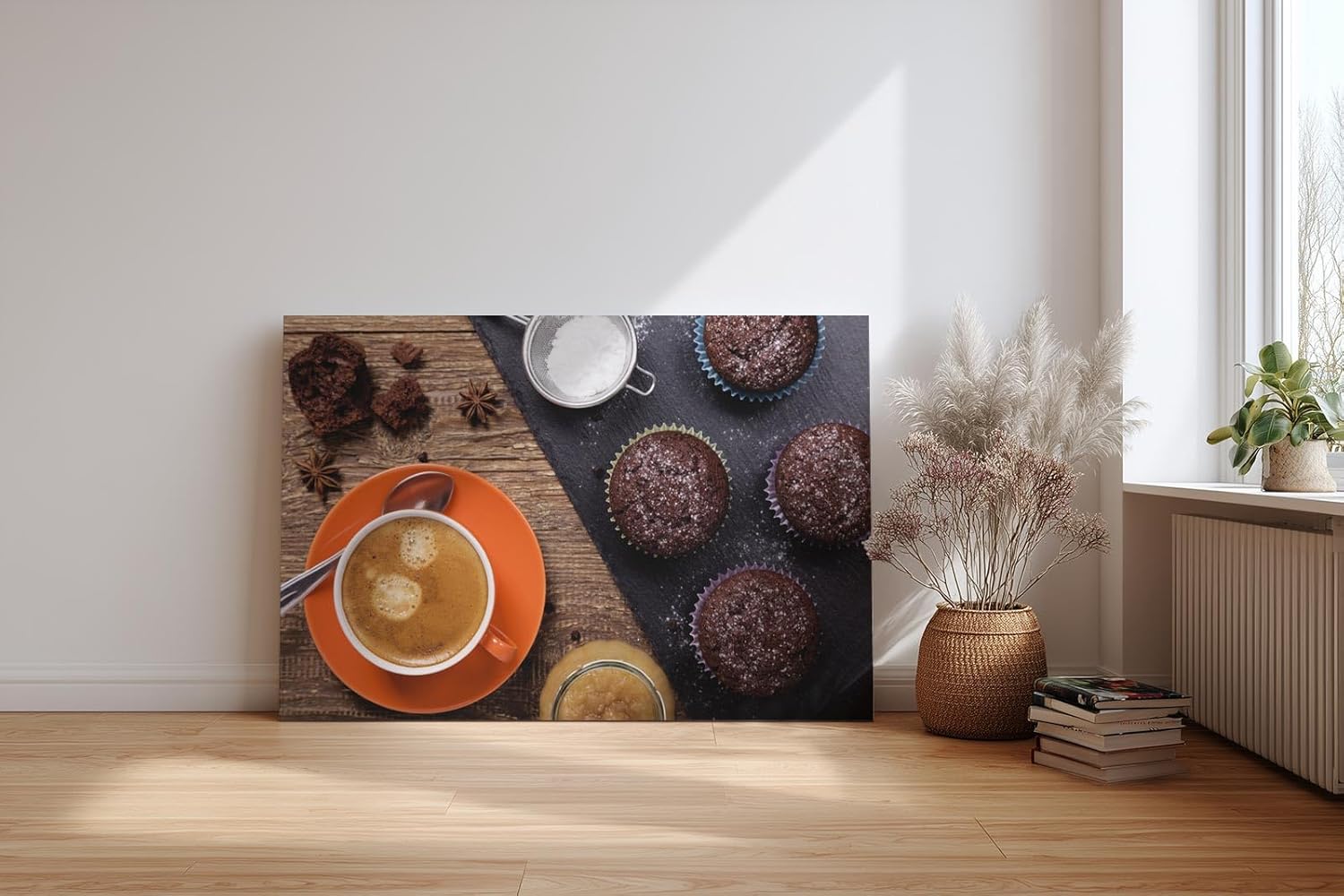 Sinus Art Wandbild 120x80cm Leckeres Stillleben aus Kaffee, Schoko-Muffins und Gewürzen auf rustikalem Holzuntergrund