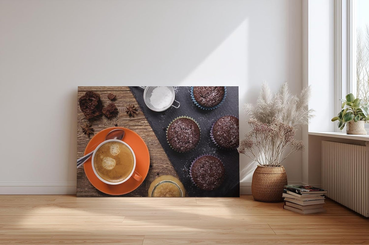 Sinus Art Wandbild 120x80cm Leckeres Stillleben aus Kaffee, Schoko-Muffins und Gewürzen auf rustikalem Holzuntergrund