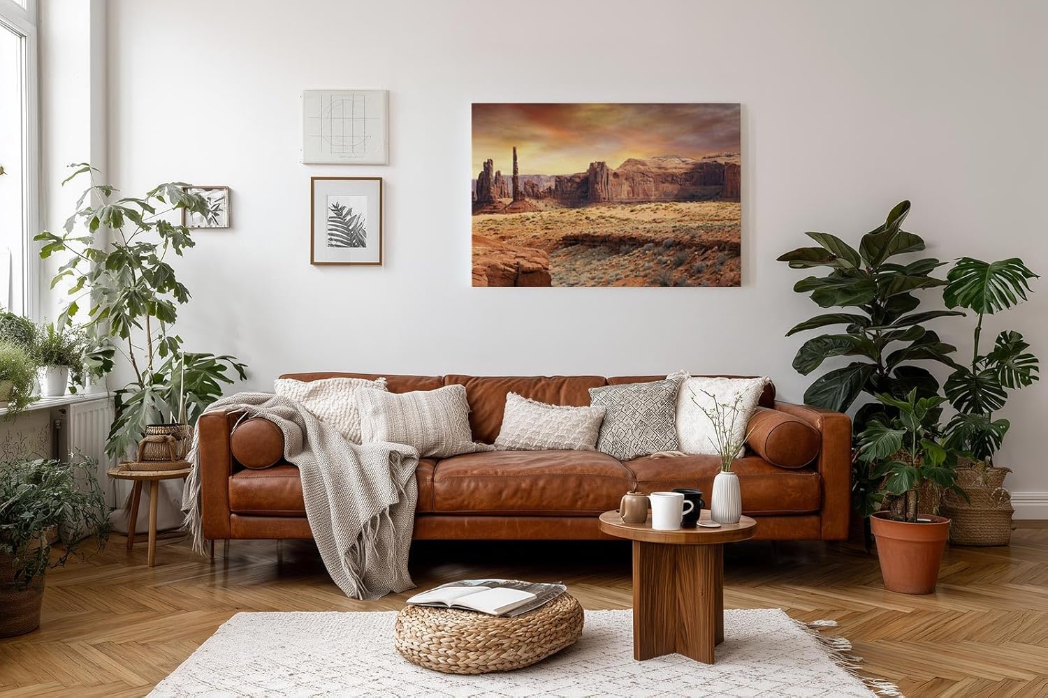 Sinus Art Wandbild 120x80cm Faszinierende Gesteinsformationen unter goldenem Himmel in Western-Atmosphäre