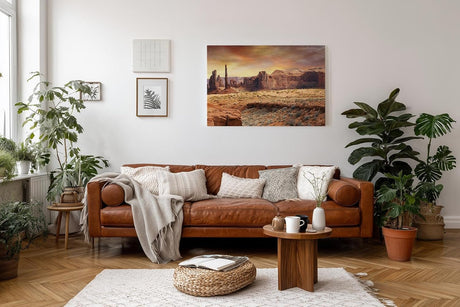 Sinus Art Wandbild 120x80cm Faszinierende Gesteinsformationen unter goldenem Himmel in Western-Atmosphäre