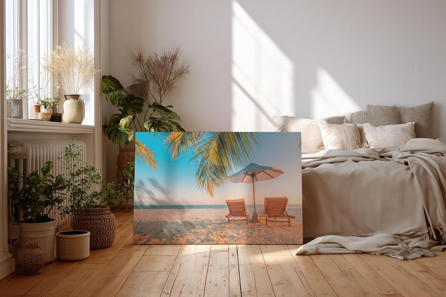 Sinus Art Wandbild 120x80cm Zwei Sonnenliegen am Palmenstrand mit Schirm vor blauem Himmel für entspannte Wirkung