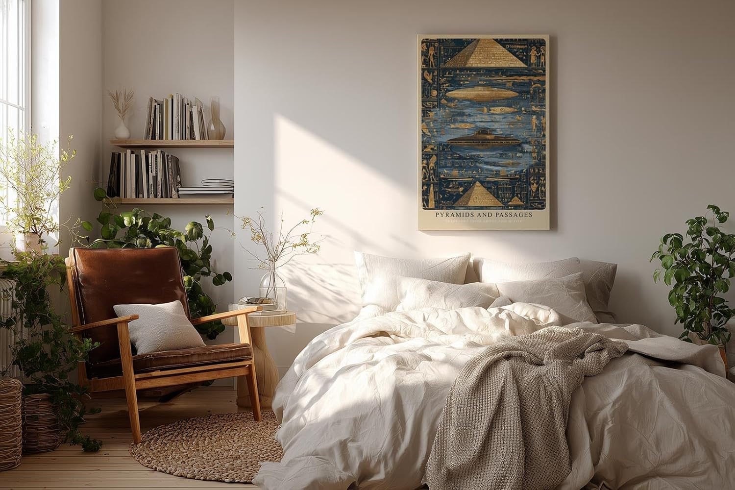 Paul Sinus Wandbild in 40x60cm Pyramids and Passages – Pyramiden, Hieroglyphen und UFO-Szenen in gold-blauer Darstellung