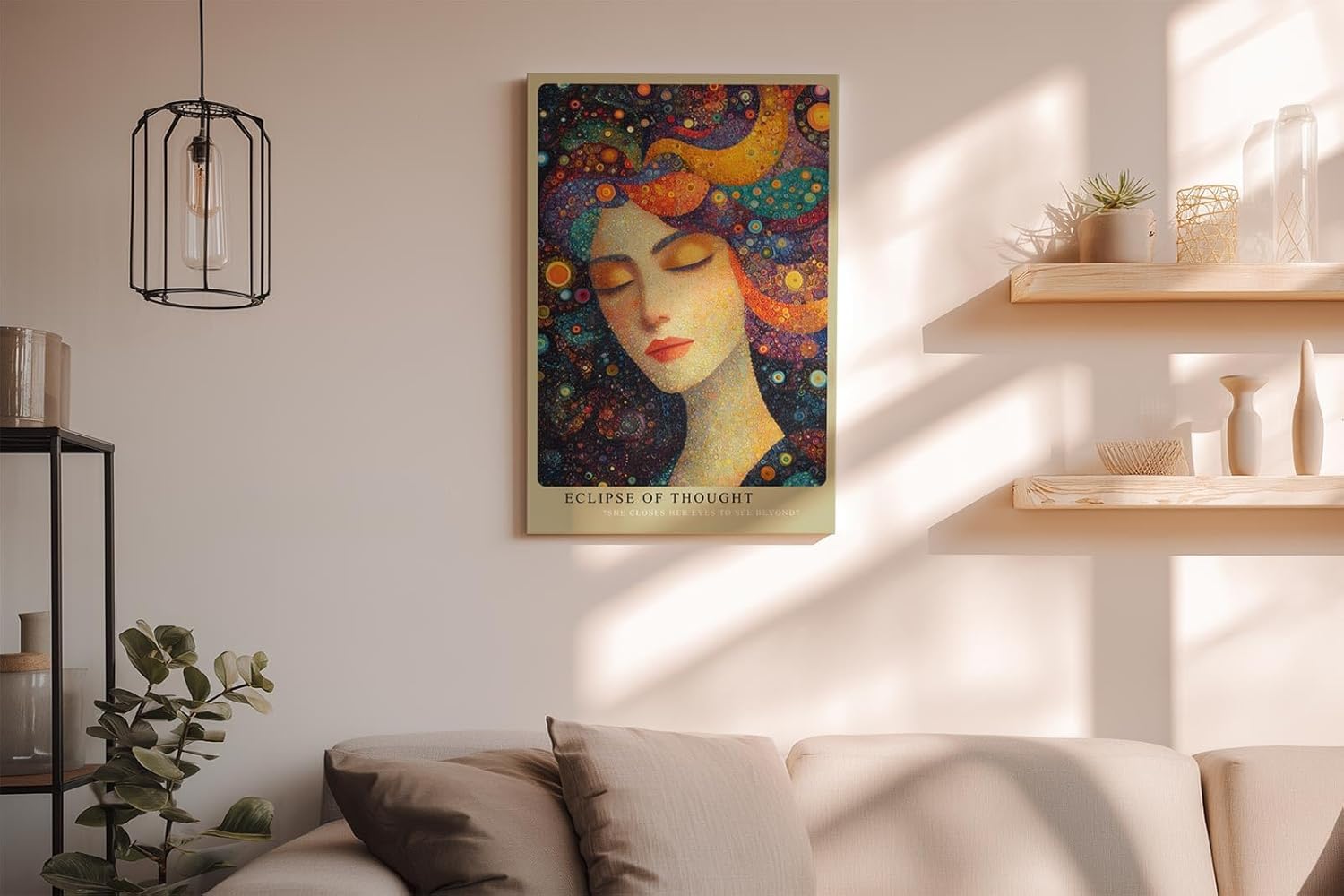 Paul Sinus Wandbild in 40x60cm Eclipse of Thought Künstlerisches Frauenporträt mit bunten, kreisförmigen Mustern im Haar für lebendige und inspirierende Raumgestaltung
