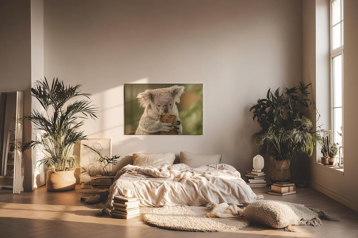 Sinus Art Wandbild 120x80cm Liebevolle Tieraufnahme mit Koala in natürlicher Pose vor ruhiger Kulisse