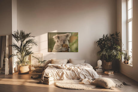 Sinus Art Wandbild 120x80cm Liebevolle Tieraufnahme mit Koala in natürlicher Pose vor ruhiger Kulisse