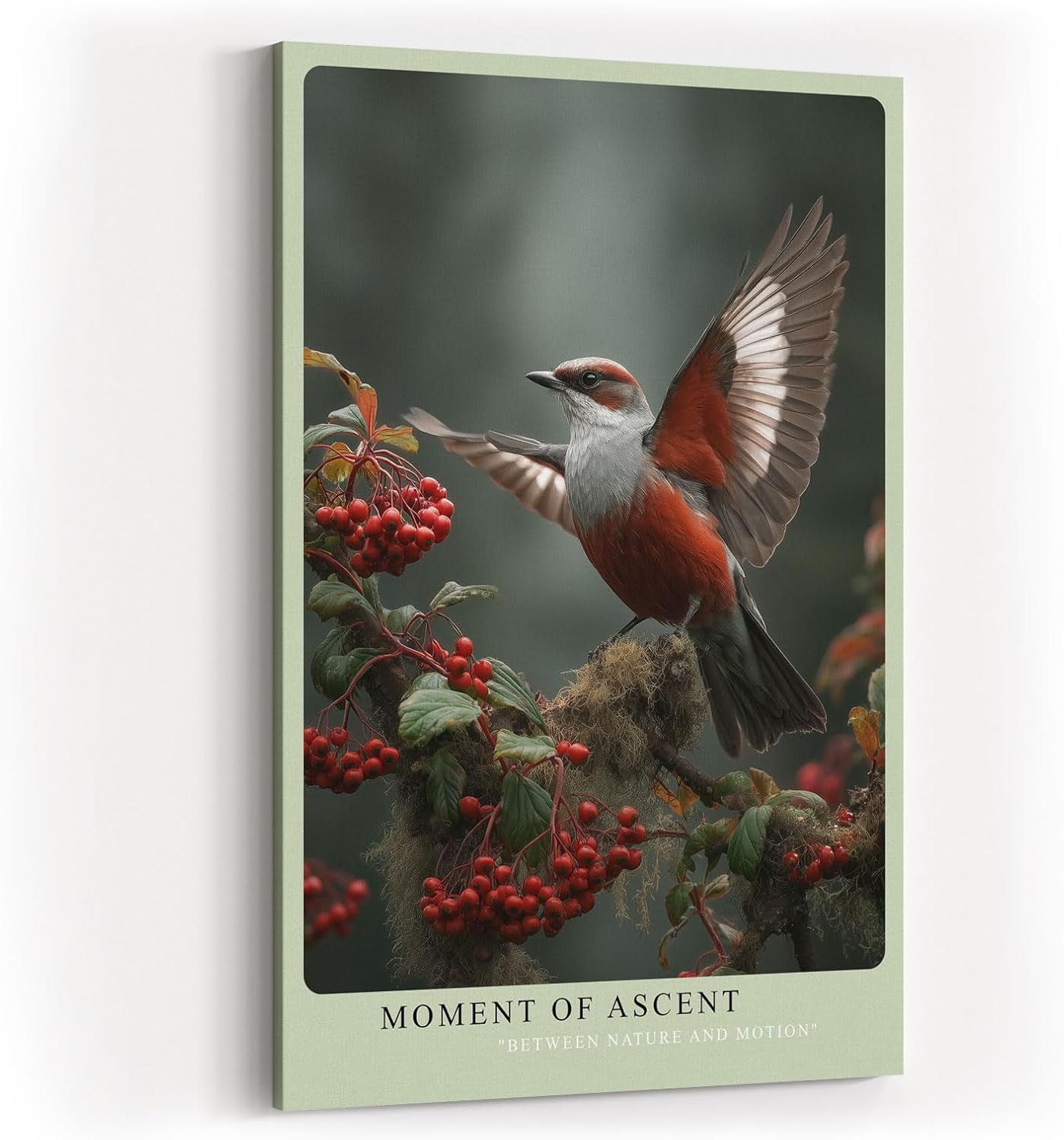 Paul Sinus Wandbild in 40x60cm Moment of Ascent Rot-weißer Vogel im Aufstieg auf einem Zweig mit roten Beeren vor natürlichem Hintergrund