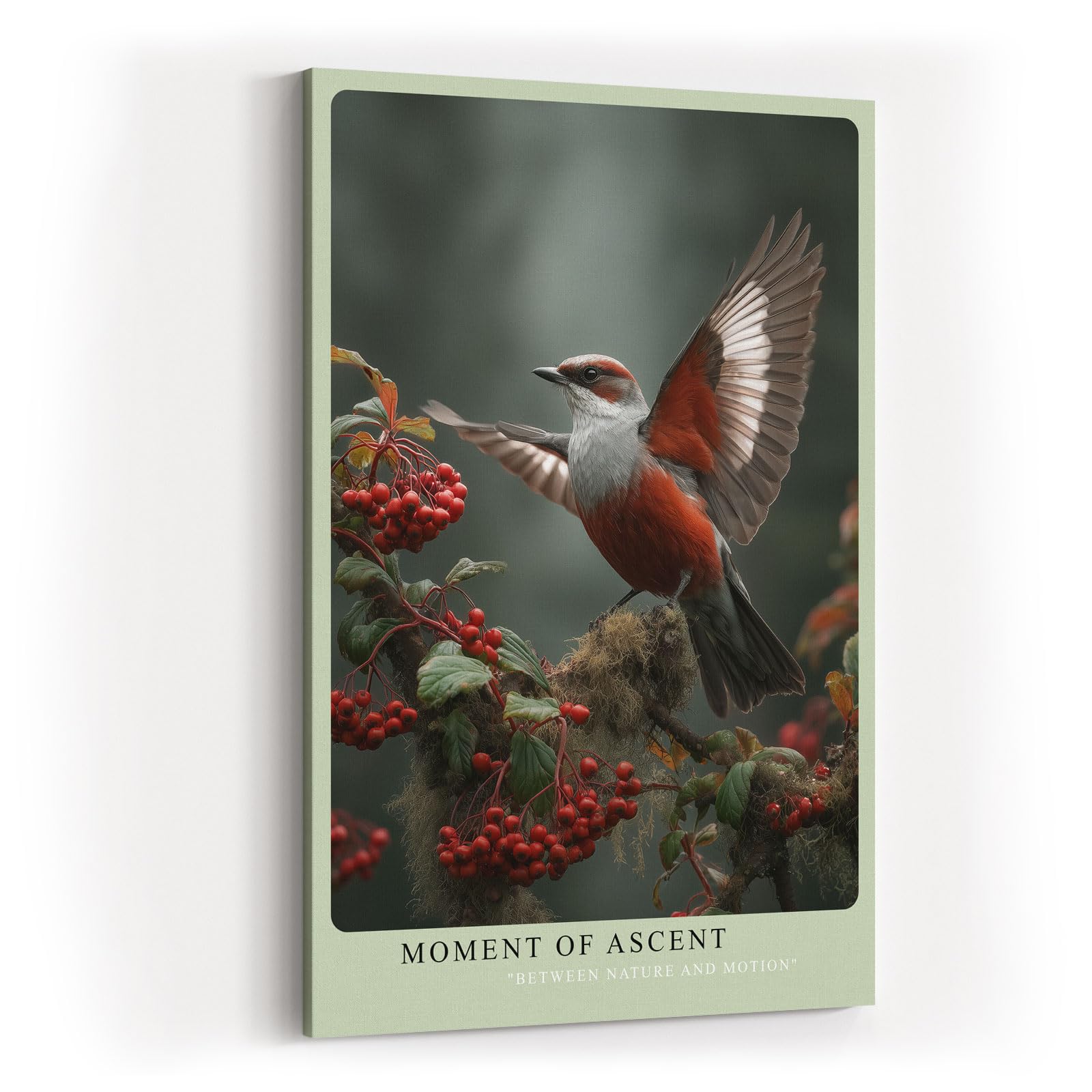 Paul Sinus Wandbild in 40x60cm Moment of Ascent Rot-weißer Vogel im Aufstieg auf einem Zweig mit roten Beeren vor natürlichem Hintergrund
