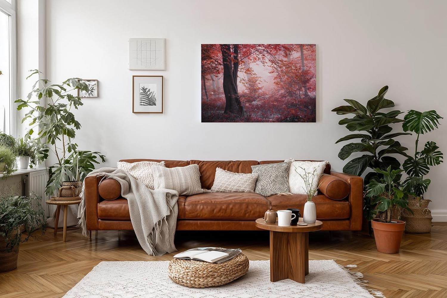 Sinus Art Wandbild 120x80cm Roter Herbstwald mit dichter Vegetation und nebligem Licht – geheimnisvoll und bezaubernd