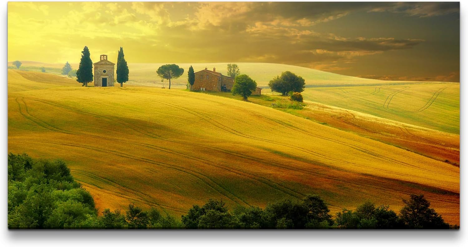 Landschaft in der Toscana ca. 130x70cm Wandbild inklusive Schattenfugenrahmen weiss - Panorama Leinwand Bild XXL Format Wandbilder Wohnzimmer Wohnung Deko Kunstdrucke