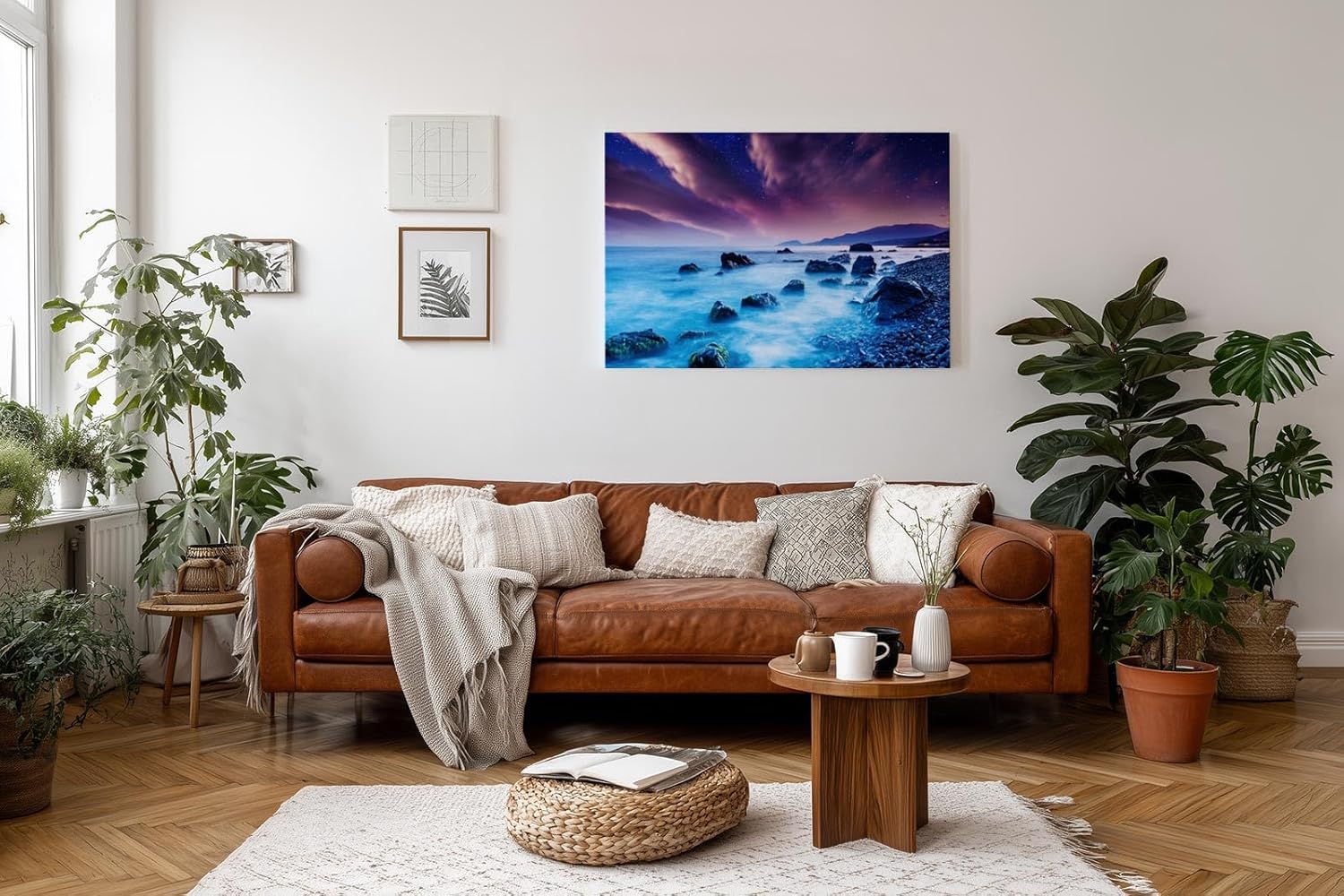 Sinus Art Wandbild 120x80cm Mystische Felsenküste bei Nacht unter violettem Himmel mit leuchtendem Wasser