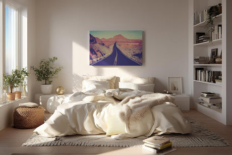 Sinus Art Wandbild 120x80cm Dynamisches Wüstenmotiv mit geschwungener Straße und Weitblick bis zum Horizont