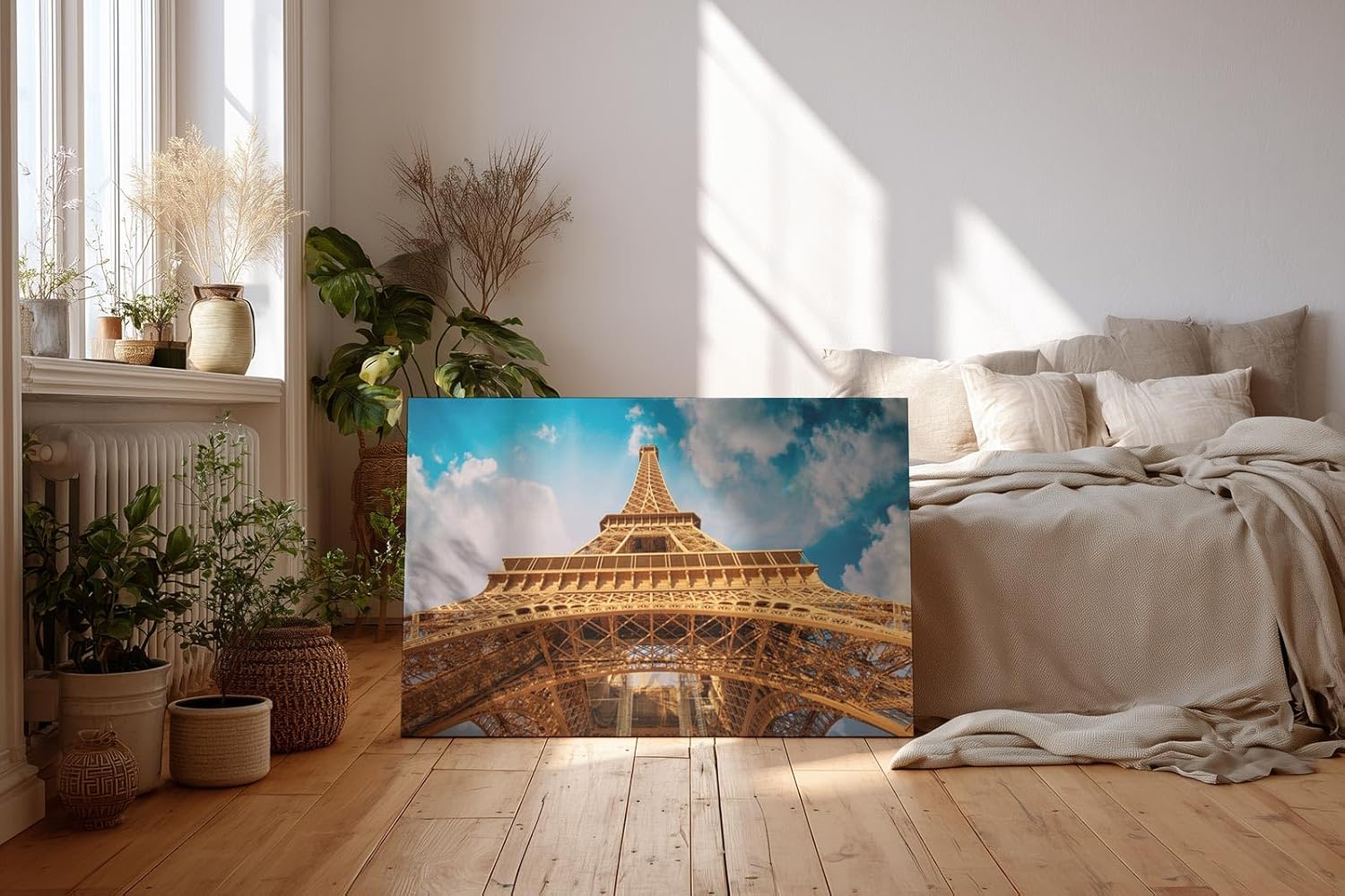 Sinus Art Wandbild 120x80cm Atemberaubende Perspektive auf den Eiffelturm mit imposanter Himmelsszenerie