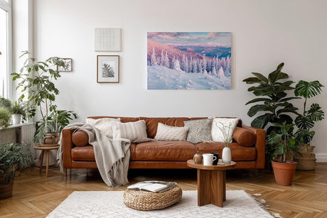 Sinus Art Wandbild 120x80cm Pastellfarbene Winterlandschaft mit verschneiten Bäumen und stiller Weite
