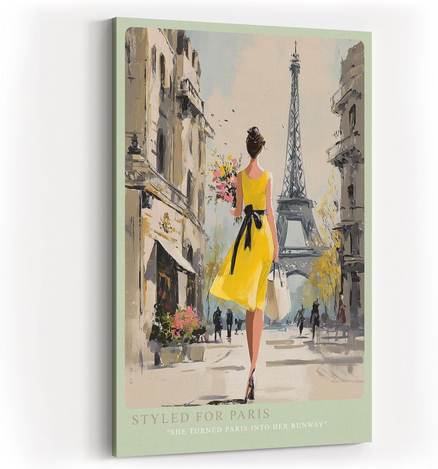 Paul Sinus Wandbild in 40x60cm Frau im gelben Kleid vor dem Eiffelturm – stilvolle Stadtszene mit französischem Charme für elegante Raumgestaltung