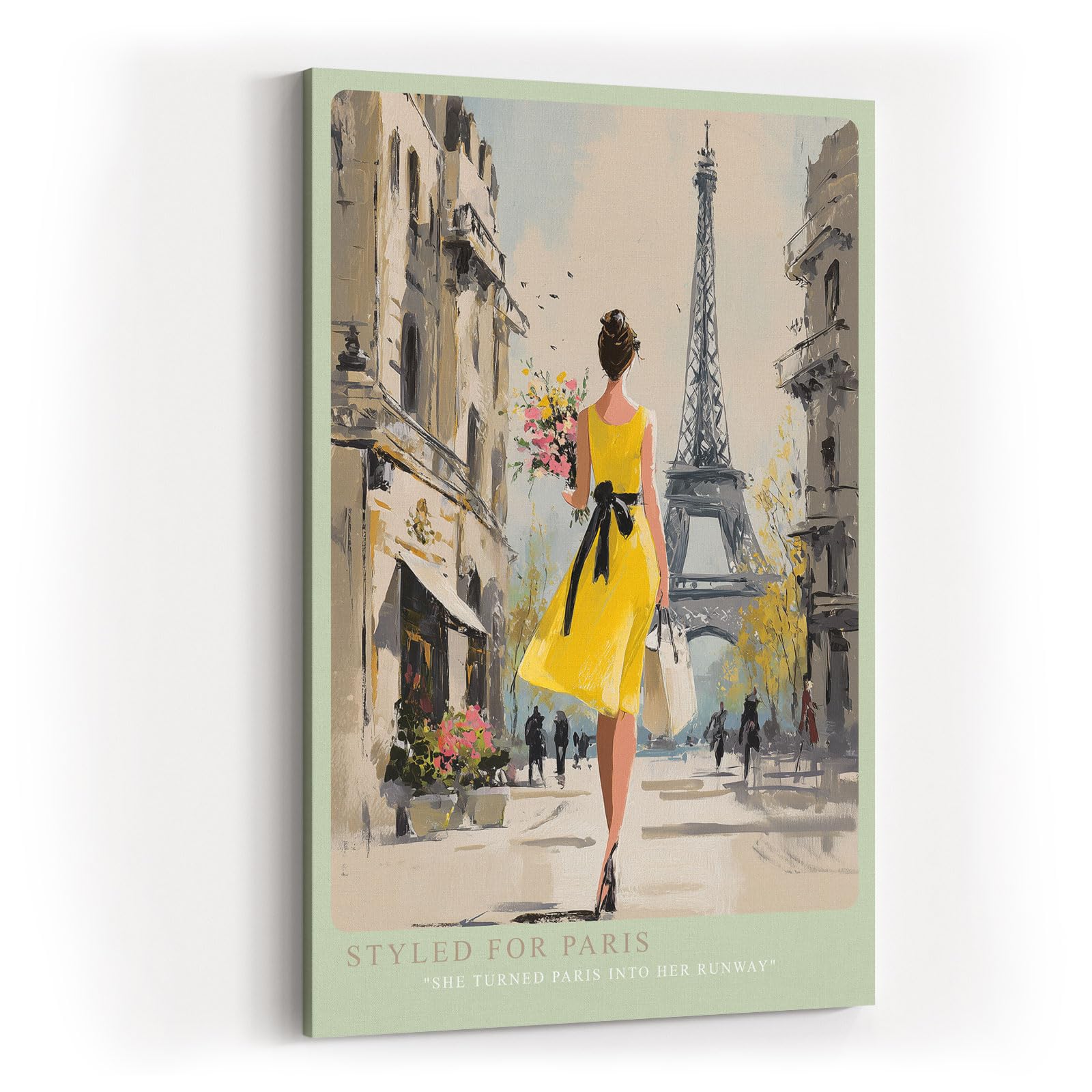 Paul Sinus Wandbild in 40x60cm Frau im gelben Kleid vor dem Eiffelturm – stilvolle Stadtszene mit französischem Charme für elegante Raumgestaltung