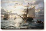 Sinus Art Wandbild 120x80cm Romantische Seeszene mit alten Segelschiffen, Möwen und Abendstimmung auf ruhiger Wasserfläche