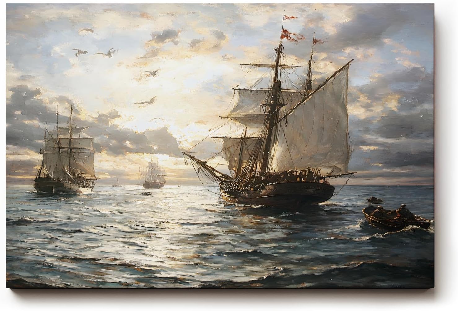 Sinus Art Wandbild 120x80cm Romantische Seeszene mit alten Segelschiffen, Möwen und Abendstimmung auf ruhiger Wasserfläche