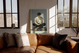 Paul Sinus Wandbild in 40x60cm Pages and Peace – Meditatives Porträt einer jungen Frau, sitzend auf Bücherstapeln im Schneidersitz und lesend, zeitgenössische Bilder in harmonischer Farbgebung