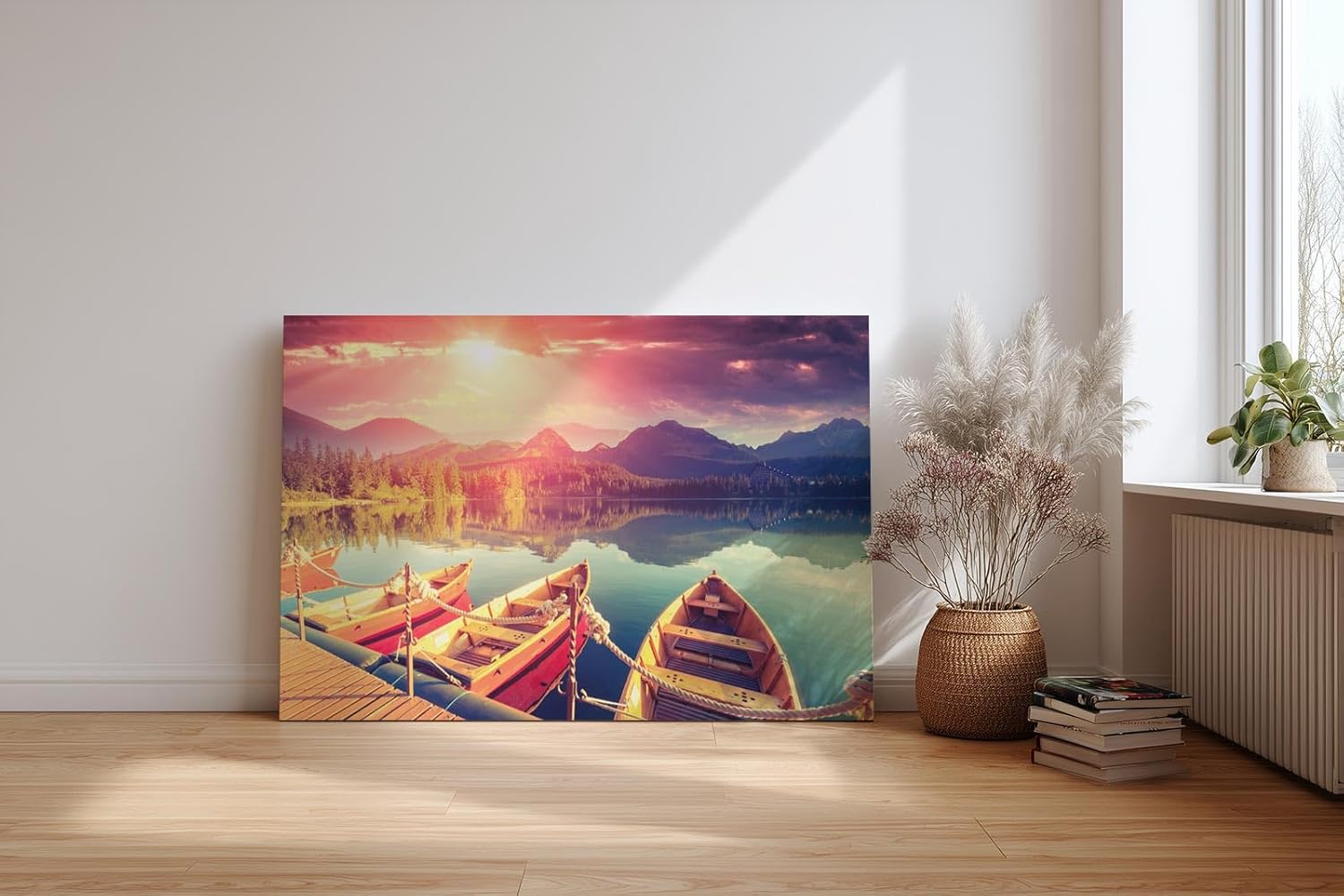 Sinus Art Wandbild 120x80cm Spektakuläre Lichtstimmung mit glühendem Himmel und ruhiger Seeoberfläche schafft eine lebendige Naturkulisse