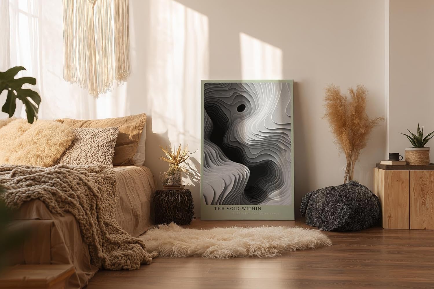 Paul Sinus Wandbild in 40x60cm The Void Within – Schwarz-weiße Topografie mit organischen Schichtungen und geheimnisvollem Tiefeneffekt