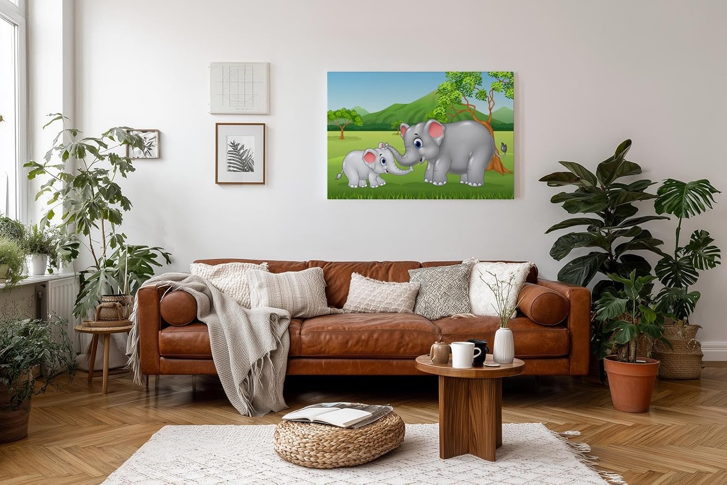 Sinus Art Wandbild 120x80cm Liebevoll gezeichnete Elefantenmutter mit Baby in lebendiger Naturkulisse