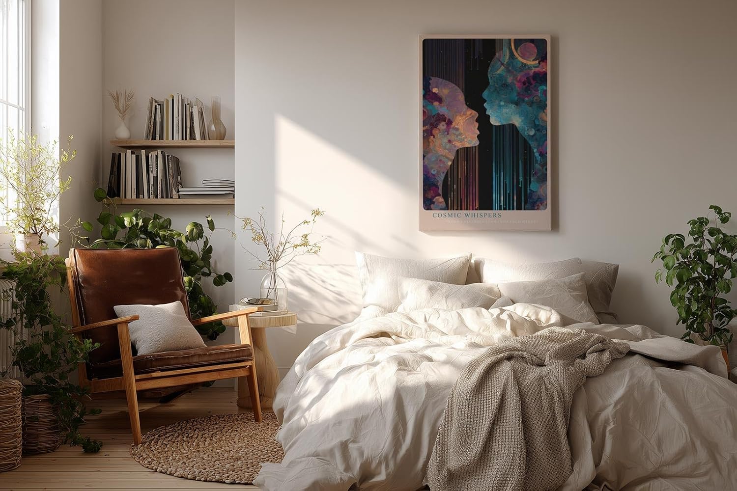 Paul Sinus Wandbild in 40x60cm Cosmic Whispers – zwei Silhouetten im Dialog aus farbenreichen, kosmischen Mustern, moderne Kunst mit Tiefe