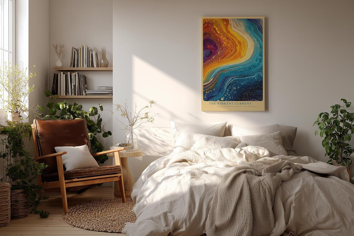 Paul Sinus Wandbild in 40x60cm The Vibrant Current – Abstrakte Farbströme in leuchtendem Blau, Orange und Gelb, inspiriert von kosmischen Bewegungen und kreativer Energie