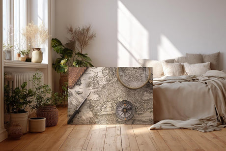 Sinus Art Wandbild 120x80cm Historische Weltkarte mit Lupe und Kompass – Symbol für Entdeckergeist und Zeitgeschichte