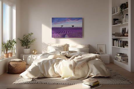 Sinus Art Wandbild 120x80cm Perfekt ausgerichtete Lavendelreihen unter farbigem Himmel für meditative Raumwirkung
