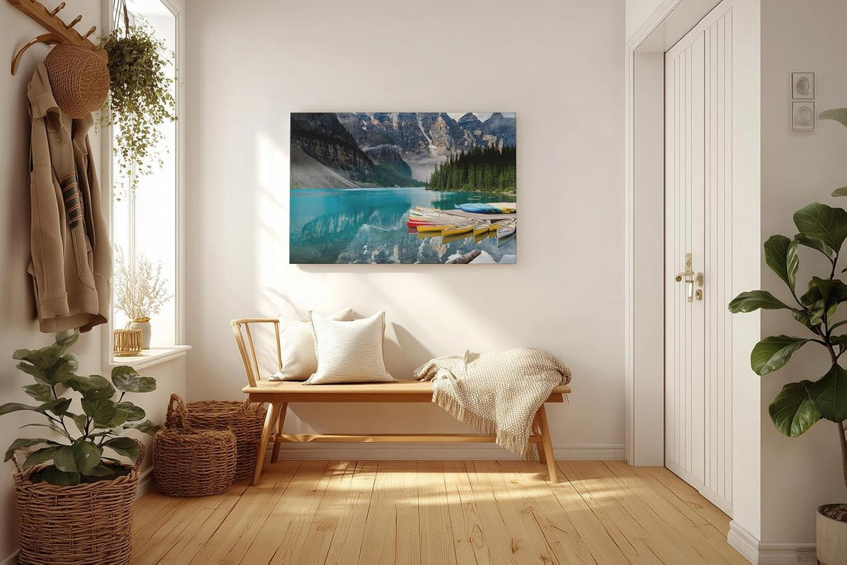 Sinus Art Wandbild 120x80cm Bergsee mit Kanus vor atemberaubender Bergkulisse für inspirierende Raumwirkung
